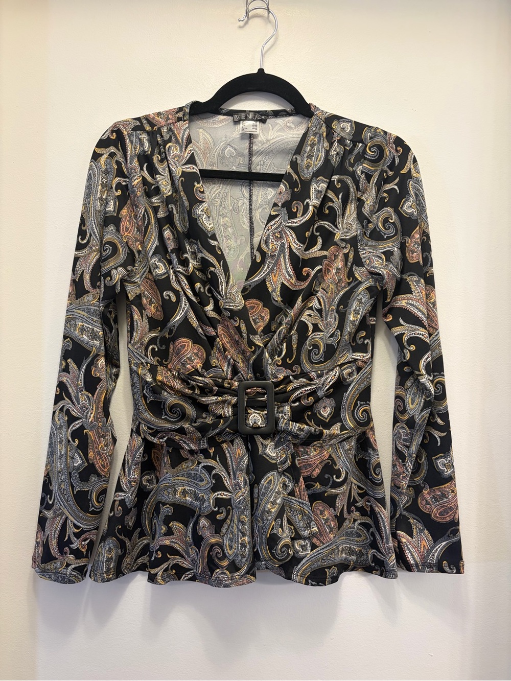 Paisley Buckle Waist Top Women's M Black Brown Long Sleeve V Neck VENUS